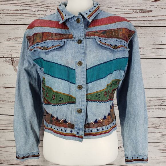 Petite Sophisticate Denim Patchwork Embroidered Crop Jacket Size Medium - Picture 2 of 14